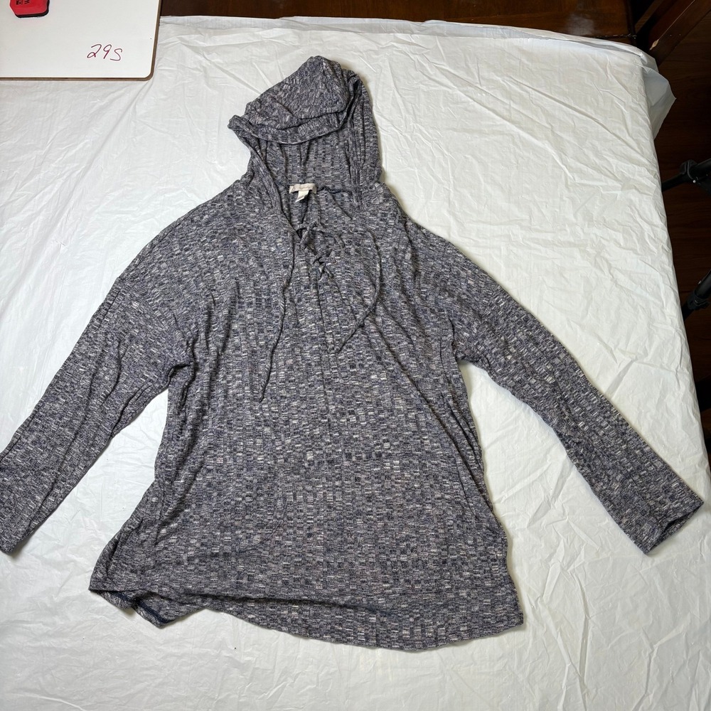 Dress Barn Women's Gray Marled Knit Hoodie Lace Up V-Neck Sweater Top Size L